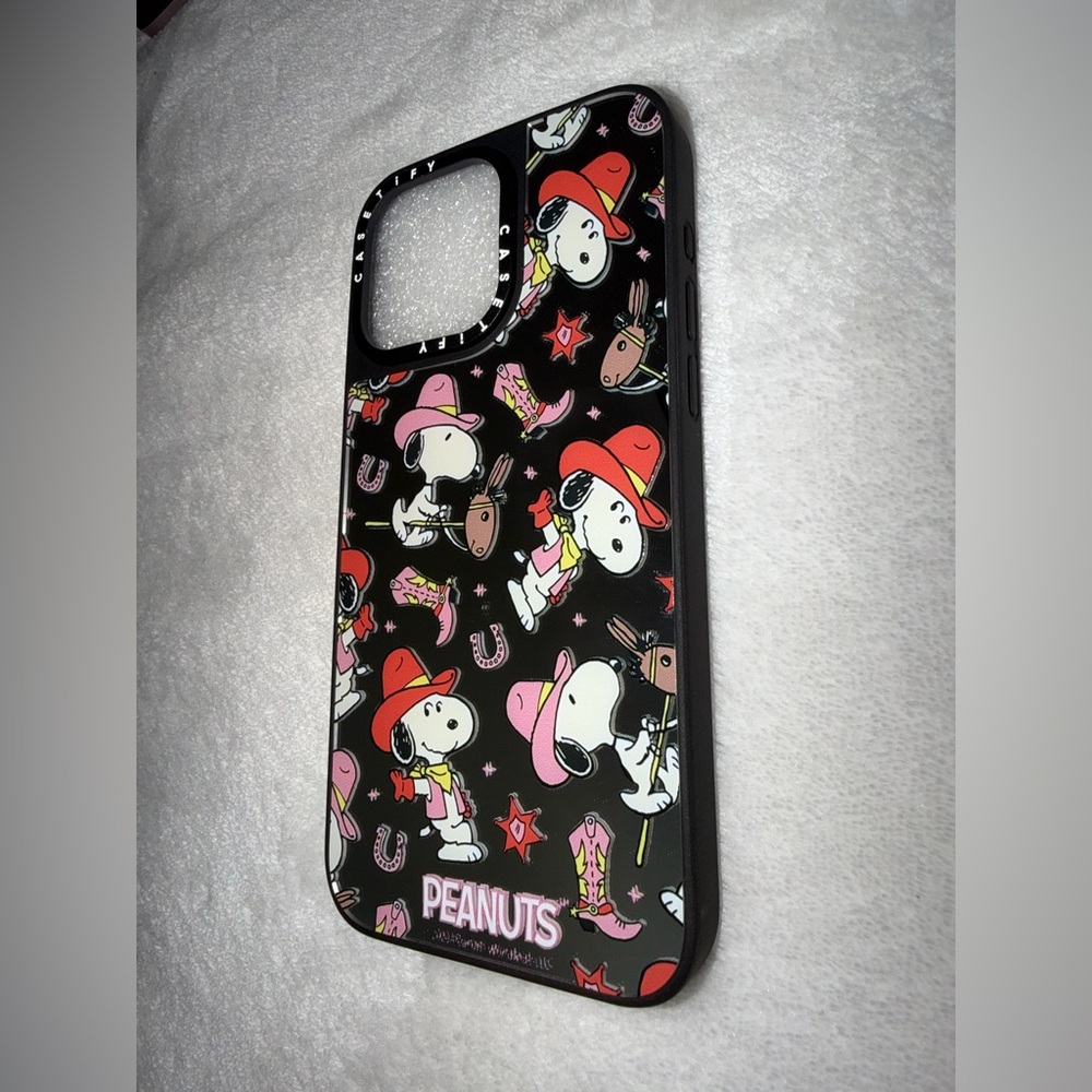 Black Phone Case with Red & Pink Snoopy Cowboy Peanuts Print